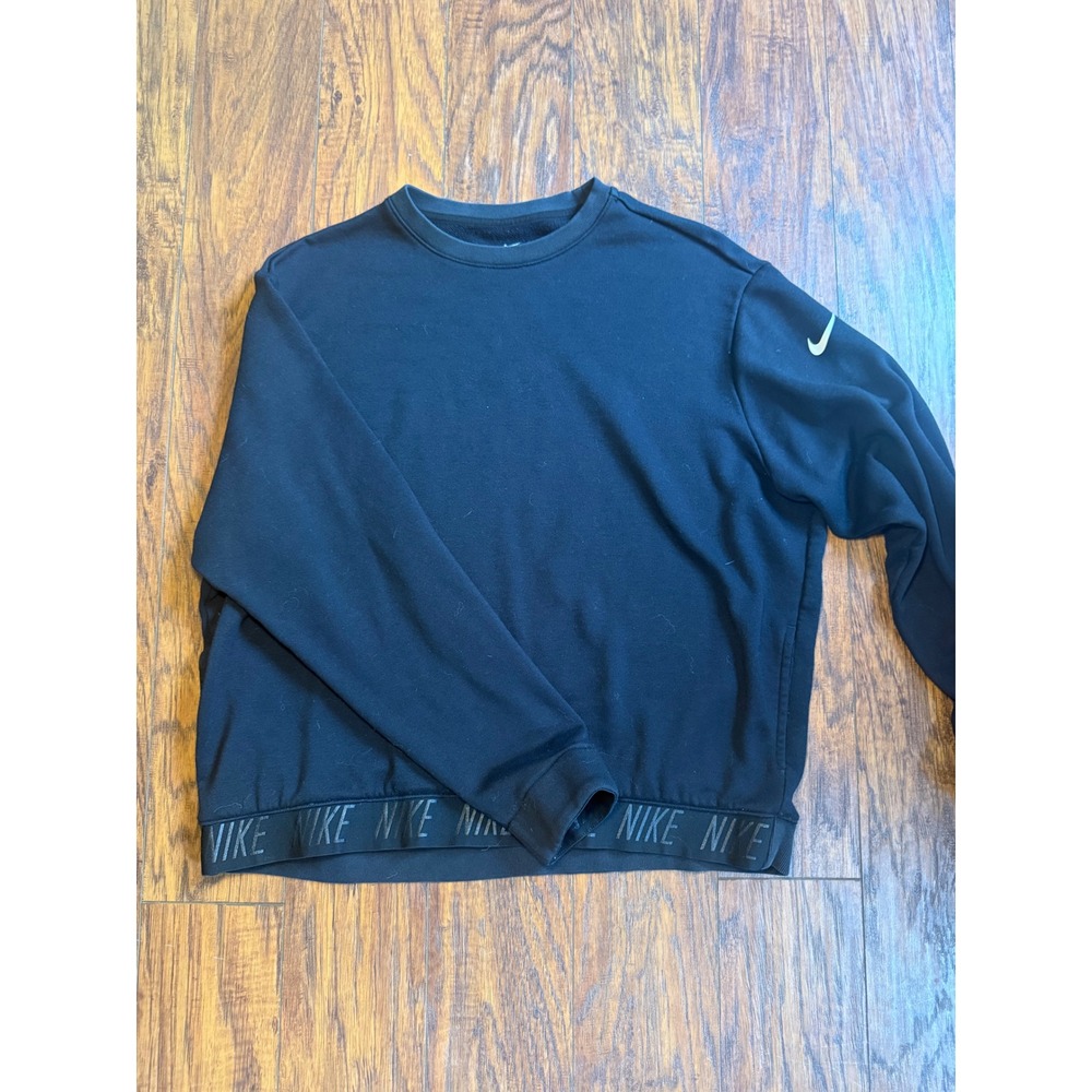 Nike Womens Black Crewneck Sweatshirt Branded Elastic Hem Swoosh Logo Pullover